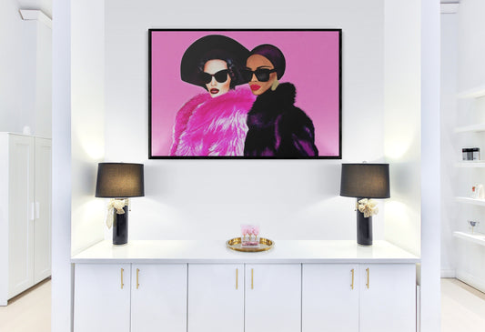 two women latina and black in fur coats and hats framed canvas wall art, wall art living room framed, pink wall art, glamourous wall art - LOLA VEGAS ART