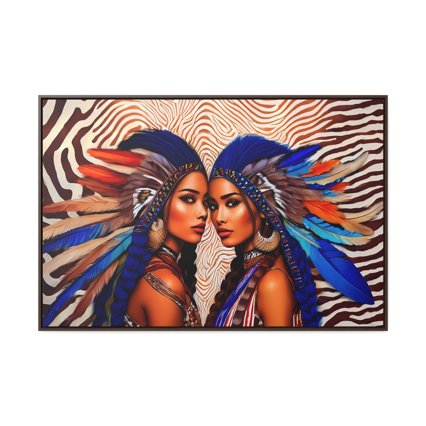 beautiful native american women in feather headdress framed canvas wall art, framed wall art for living room, american indian, southwestern