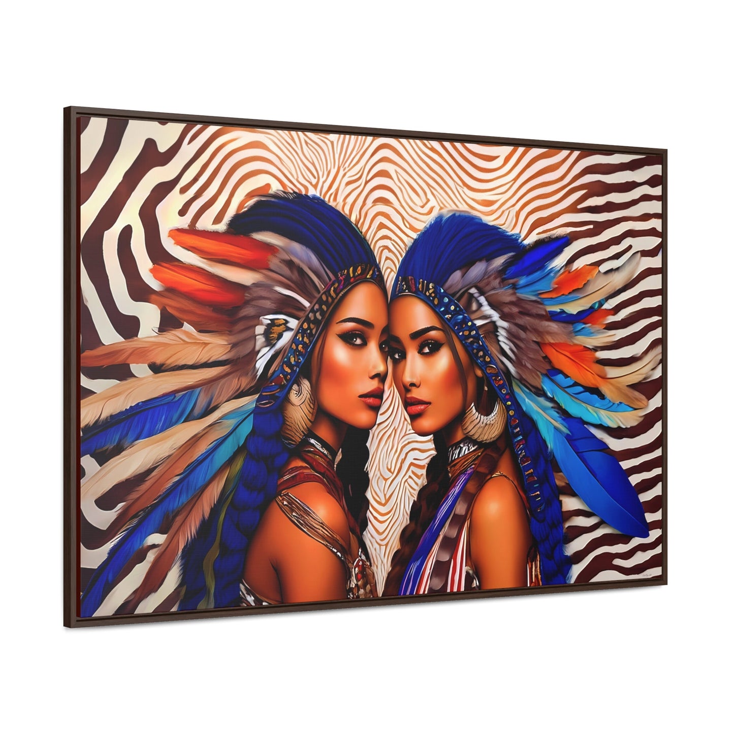 beautiful native american women in feather headdress framed canvas wall art, framed wall art for living room, american indian, southwestern