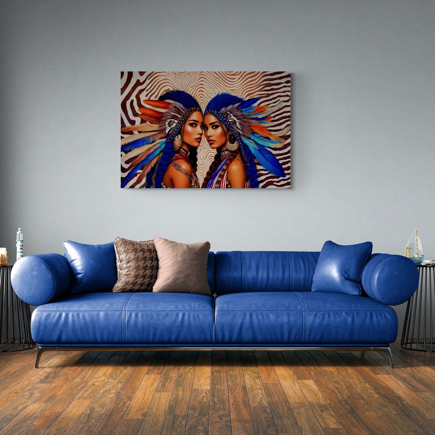 two beautiful native american woman in feather headdresses canvas wall art, american indian wall art, southwestern art