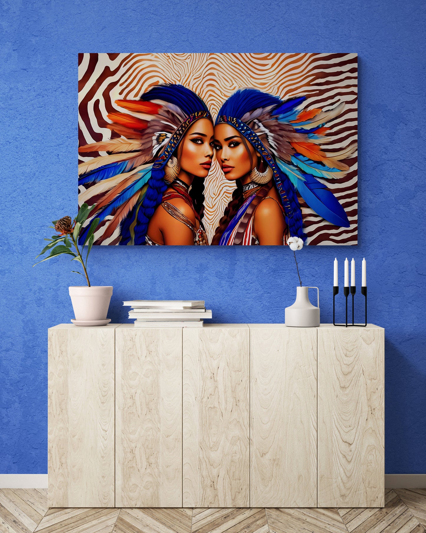 two beautiful native american woman in feather headdresses canvas wall art, american indian wall art, southwestern art