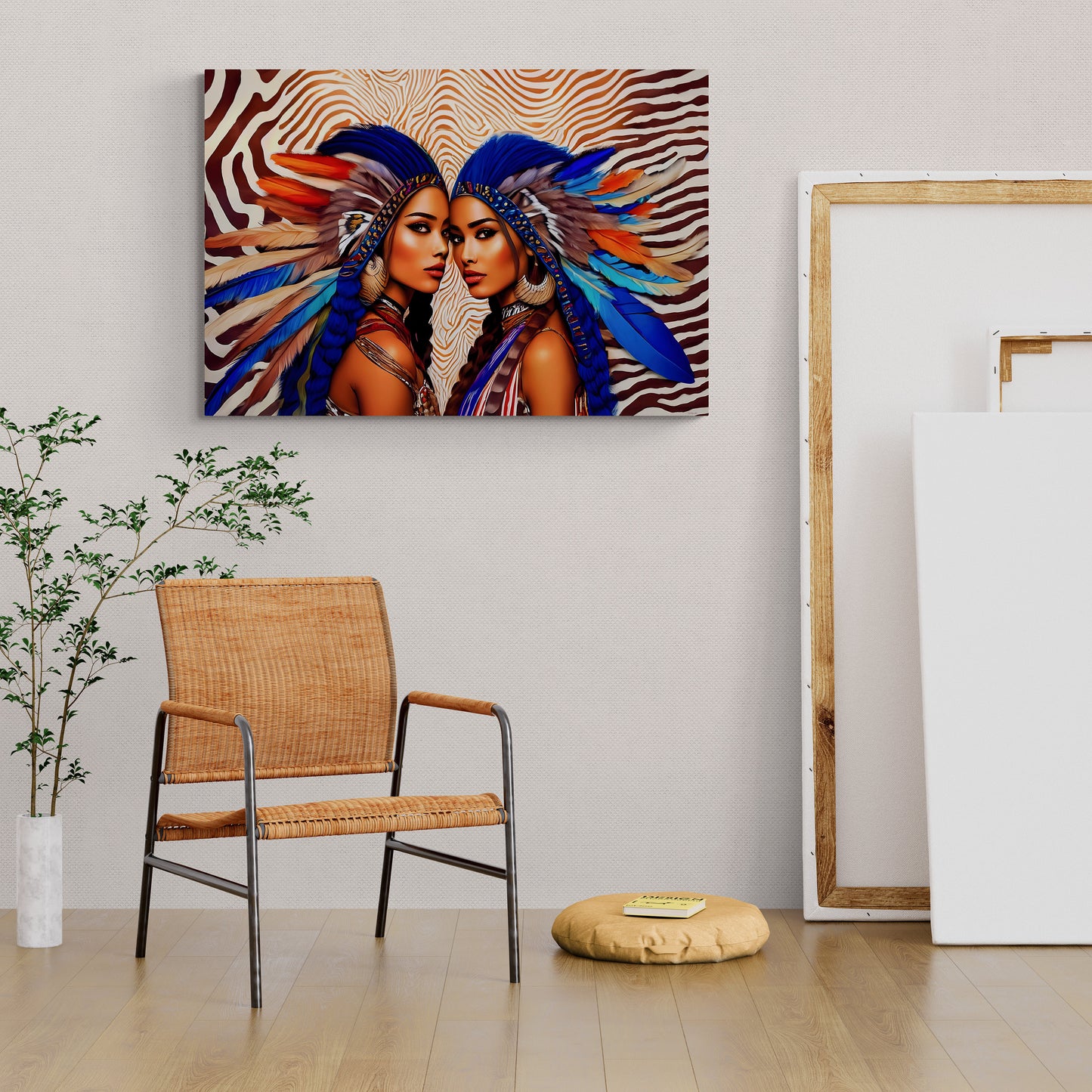 two beautiful native american woman in feather headdresses canvas wall art, american indian wall art, southwestern art