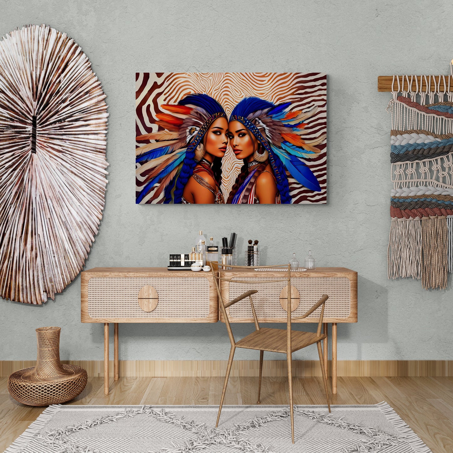 two beautiful native american woman in feather headdresses canvas wall art, american indian wall art, southwestern art