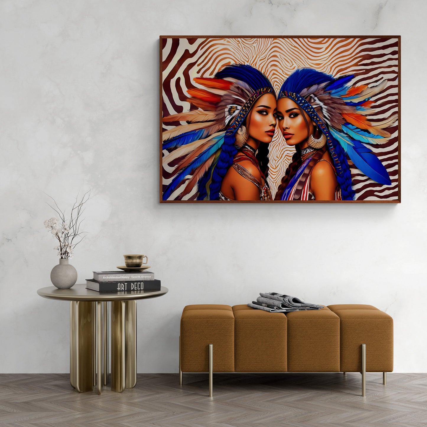 beautiful native american women in feather headdress framed canvas wall art, framed wall art for living room, american indian, southwestern