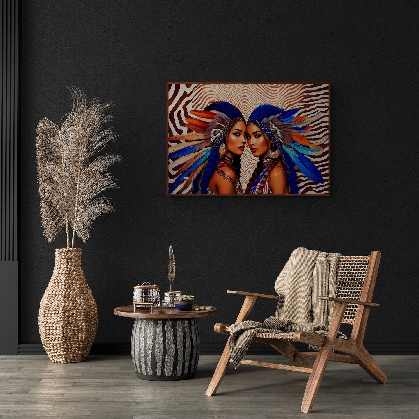 beautiful native american women in feather headdress framed canvas wall art, framed wall art for living room, american indian, southwestern