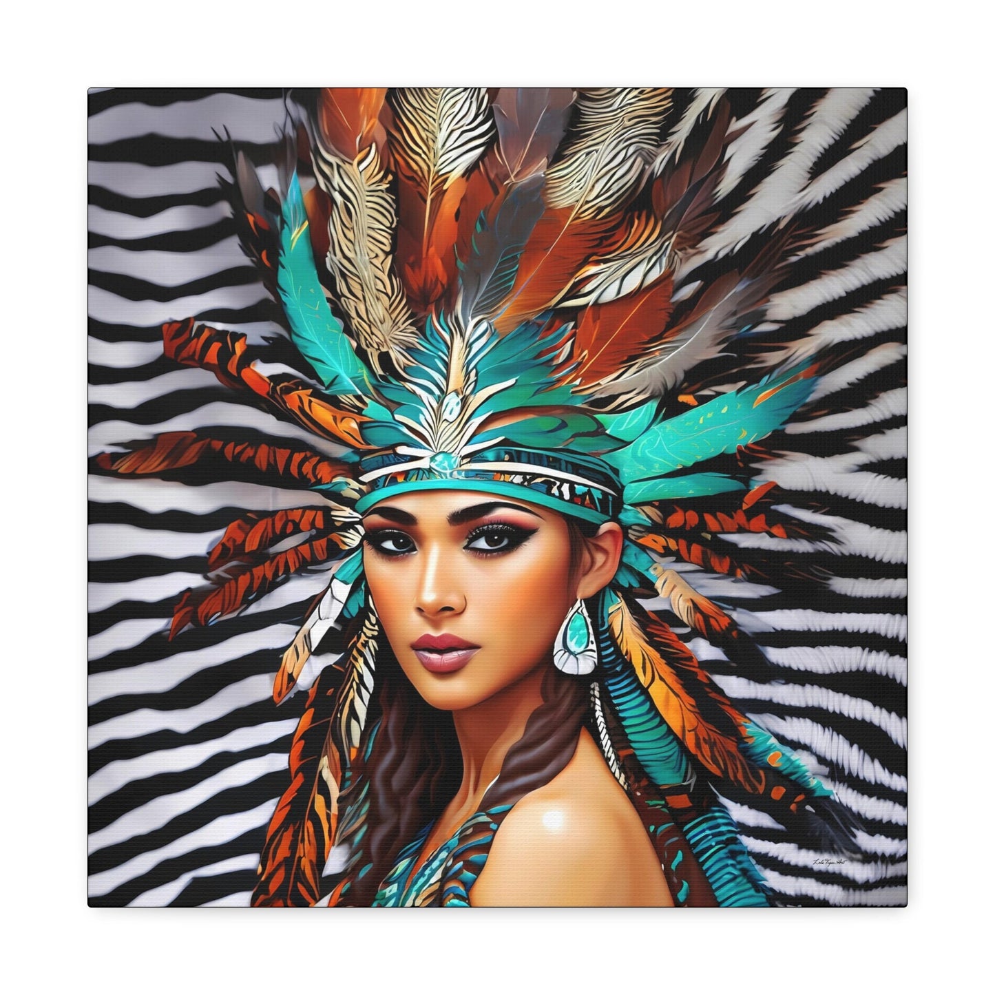 beautiful native american woman with feather headdress canvas wall art, animal print art, southwestern art, portrait wall art, feminine art