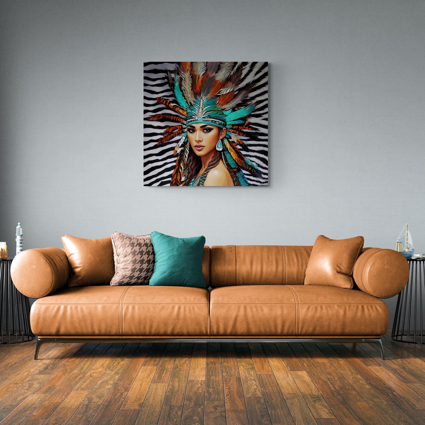 beautiful native american woman with feather headdress canvas wall art, animal print art, southwestern art, portrait wall art, feminine art