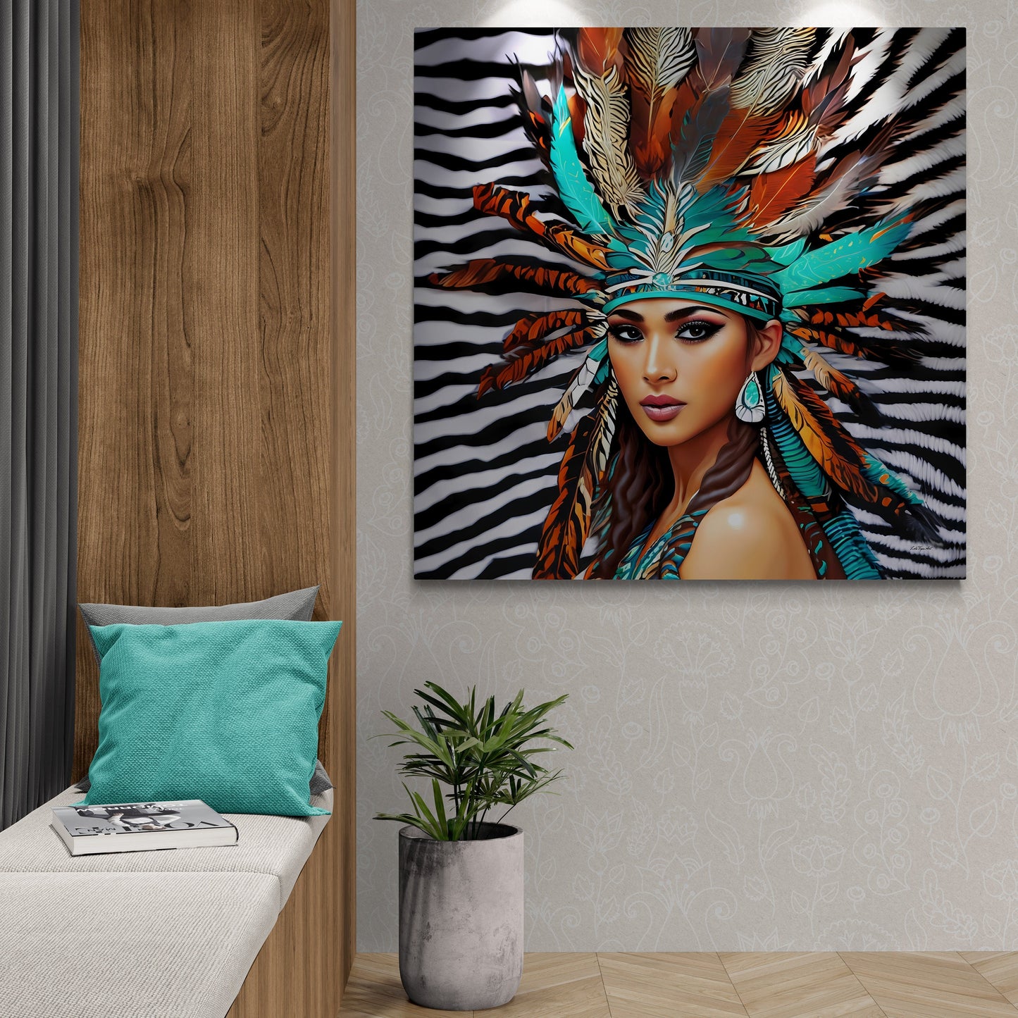 beautiful native american woman with feather headdress canvas wall art, animal print art, southwestern art, portrait wall art, feminine art