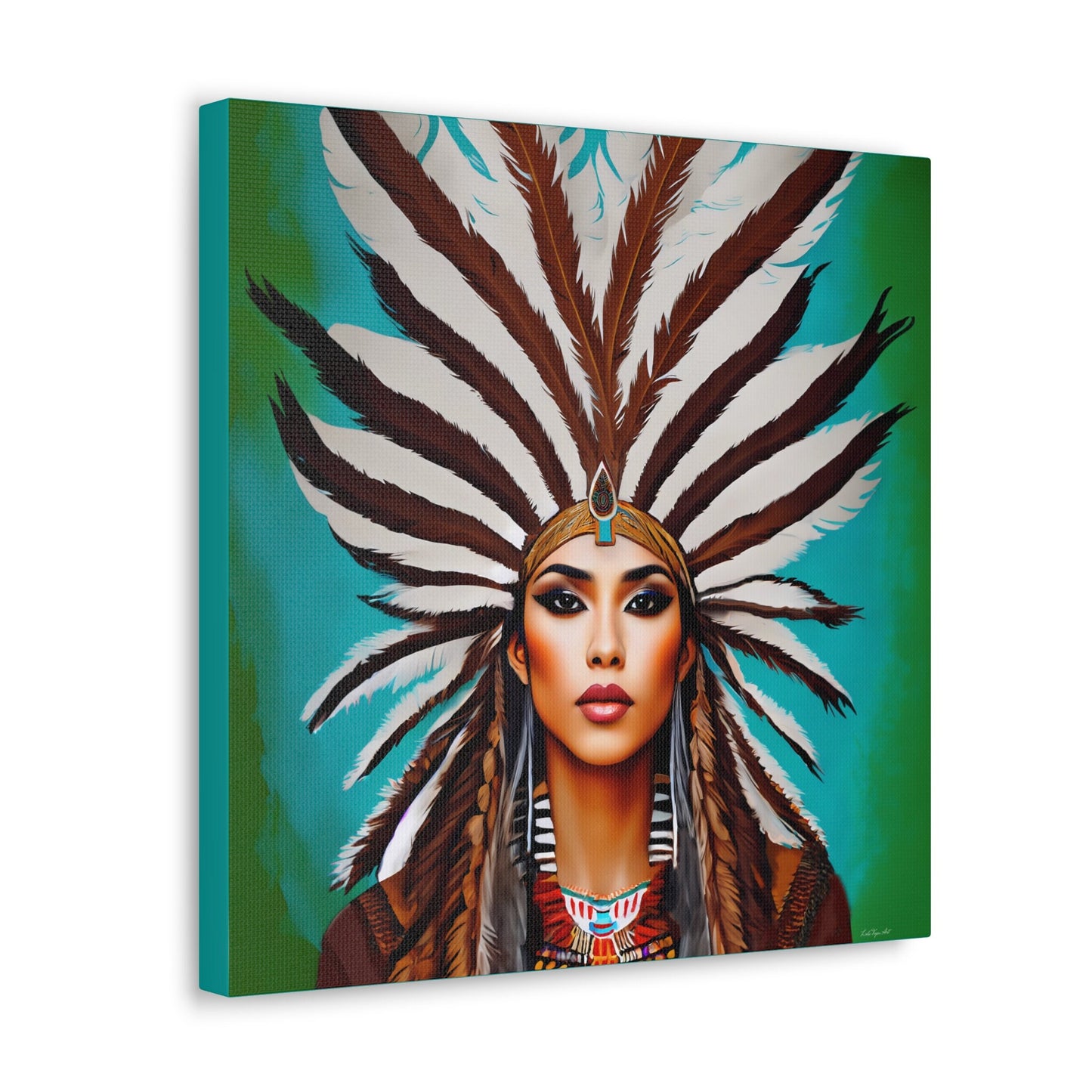 beautiful native american woman in a feather headdress canvas wall art, southwestern art, american indian art, portrait art, boho wall art