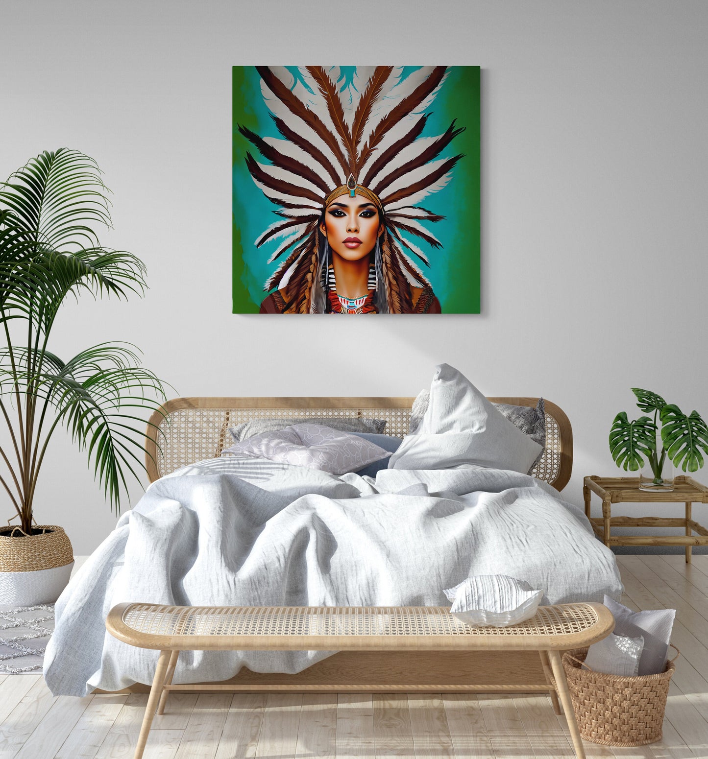 beautiful native american woman in a feather headdress canvas wall art, southwestern art, american indian art, portrait art, boho wall art