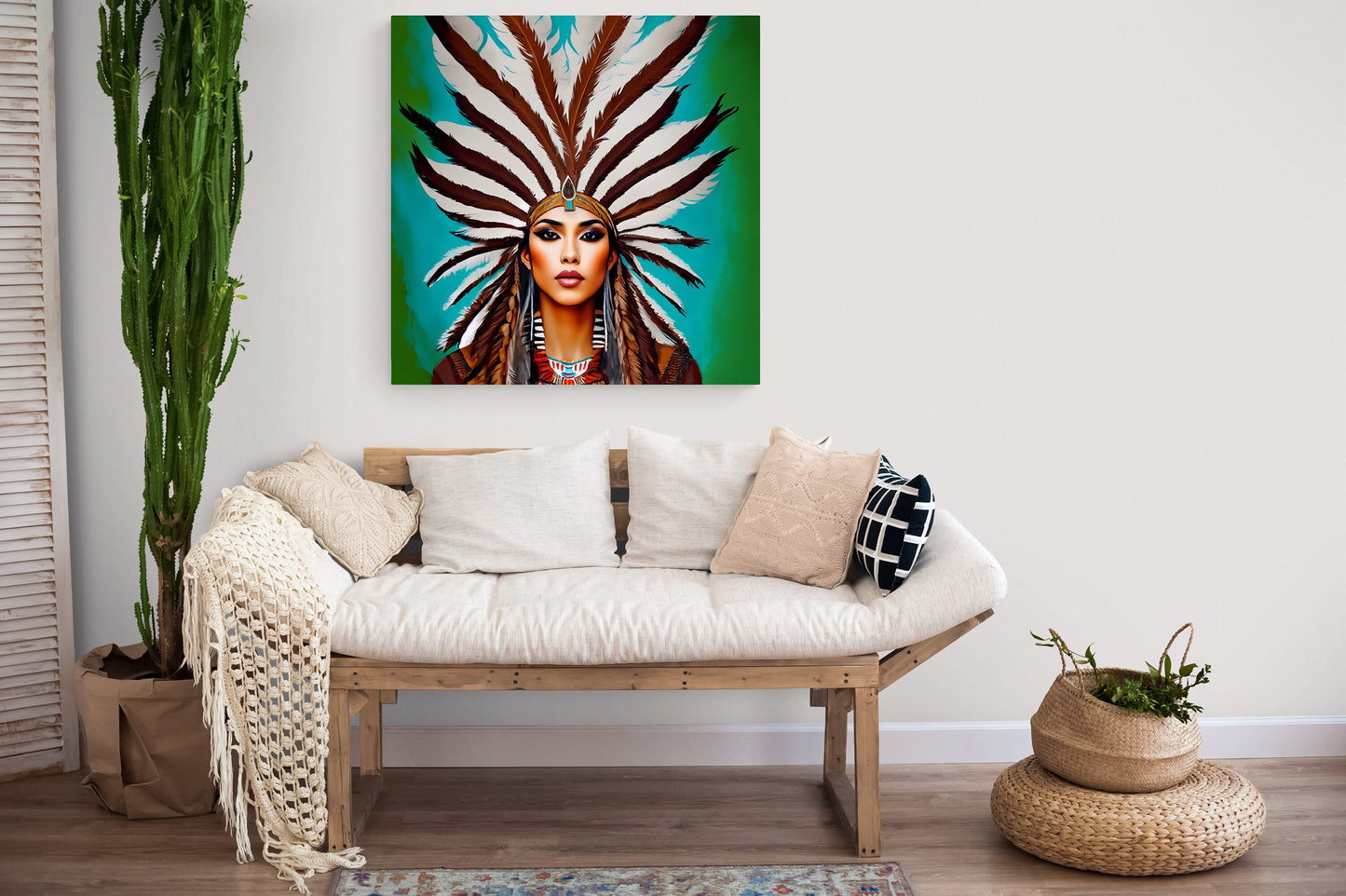 beautiful native american woman in a feather headdress canvas wall art, southwestern art, american indian art, portrait art, boho wall art