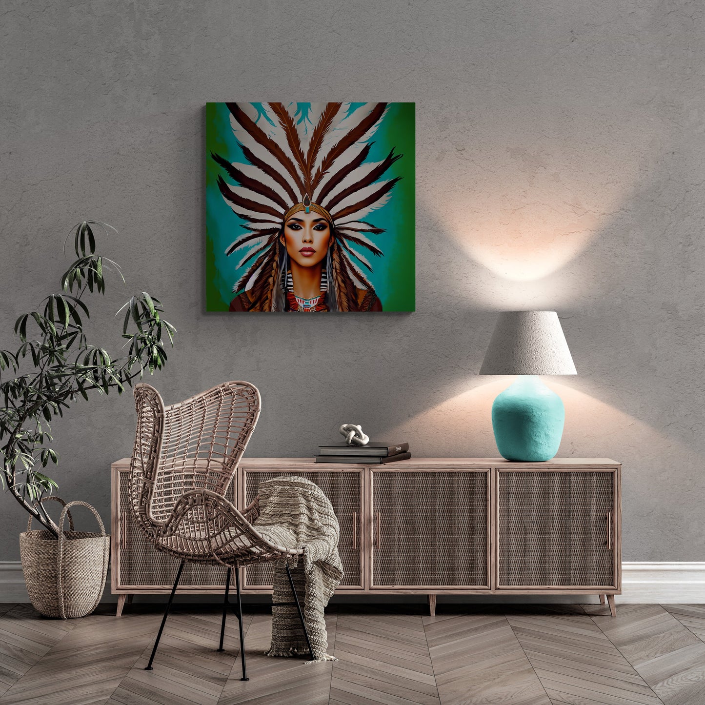 beautiful native american woman in a feather headdress canvas wall art, southwestern art, american indian art, portrait art, boho wall art