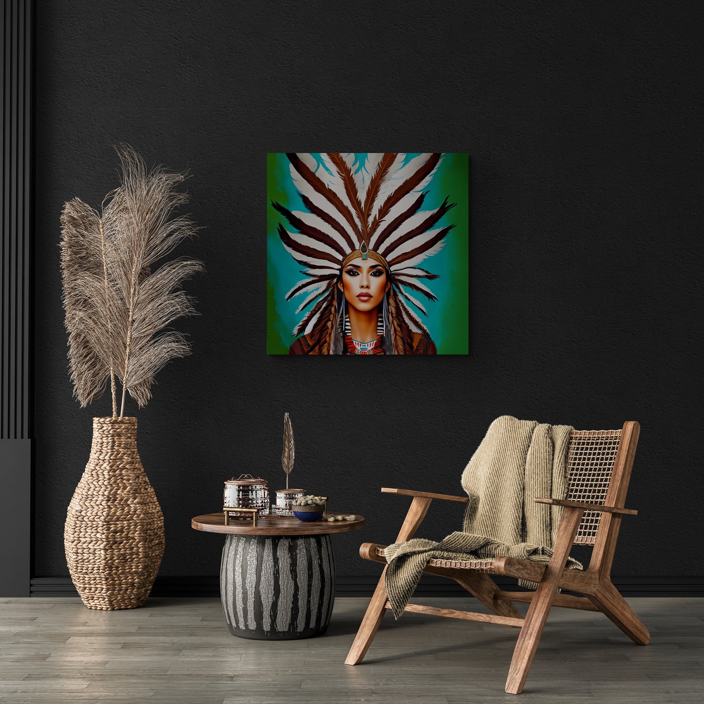 beautiful native american woman in a feather headdress canvas wall art, southwestern art, american indian art, portrait art, boho wall art