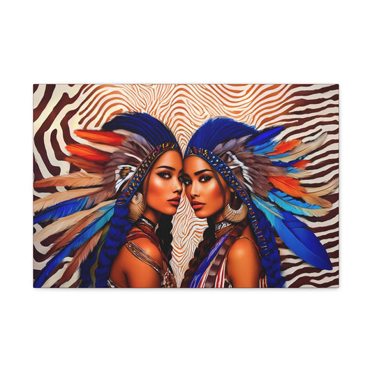 two beautiful native american woman in feather headdresses canvas wall art, american indian wall art, southwestern art