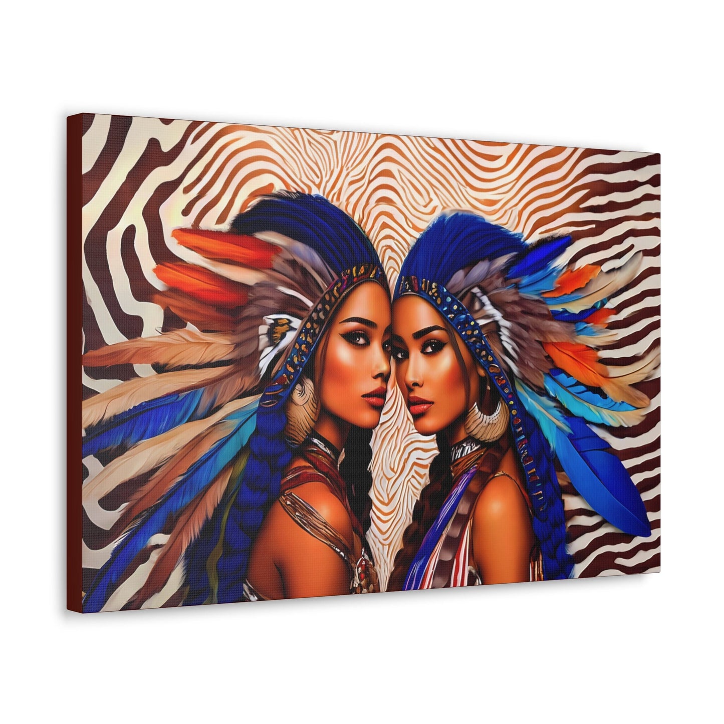 two beautiful native american woman in feather headdresses canvas wall art, american indian wall art, southwestern art