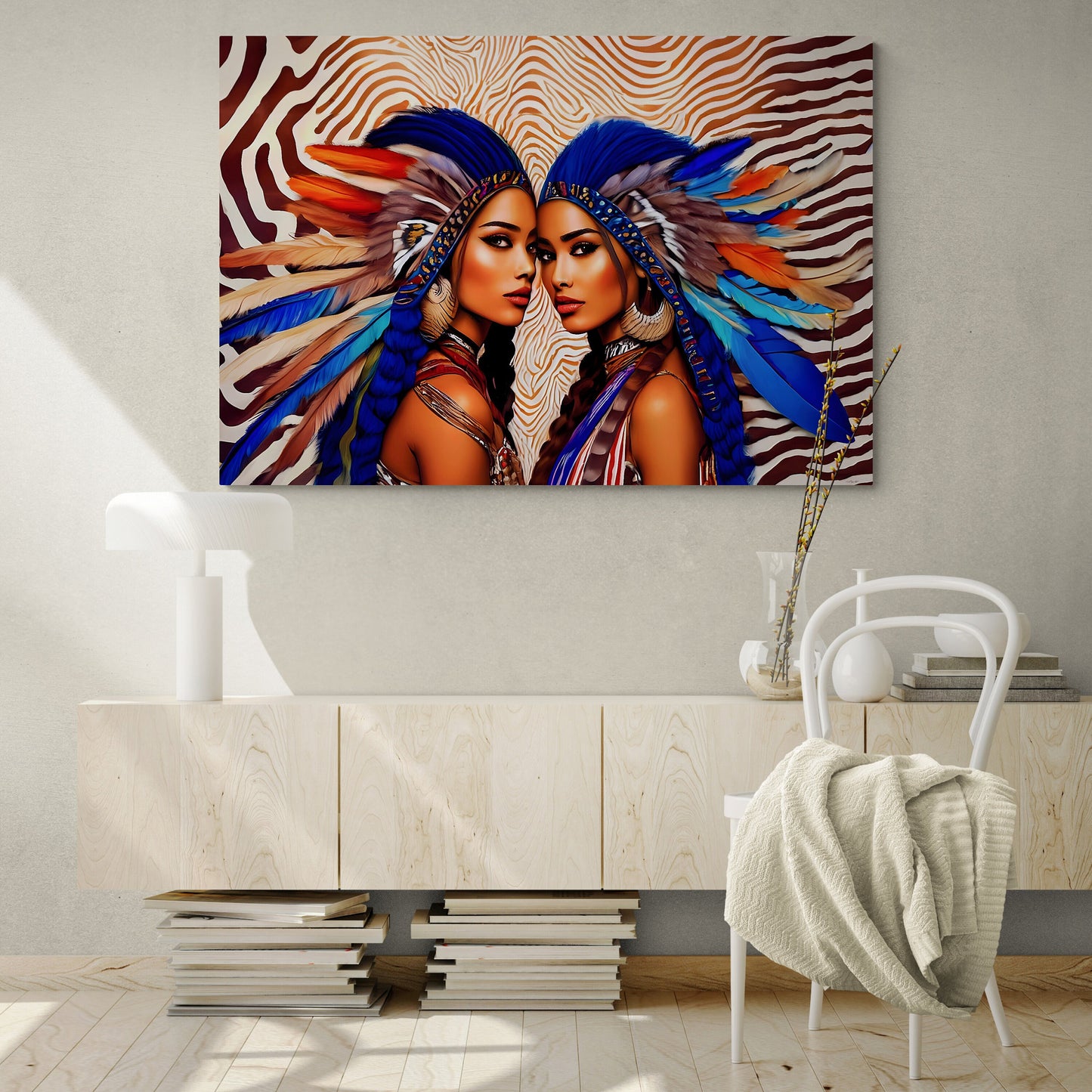 two beautiful native american woman in feather headdresses canvas wall art, american indian wall art, southwestern art