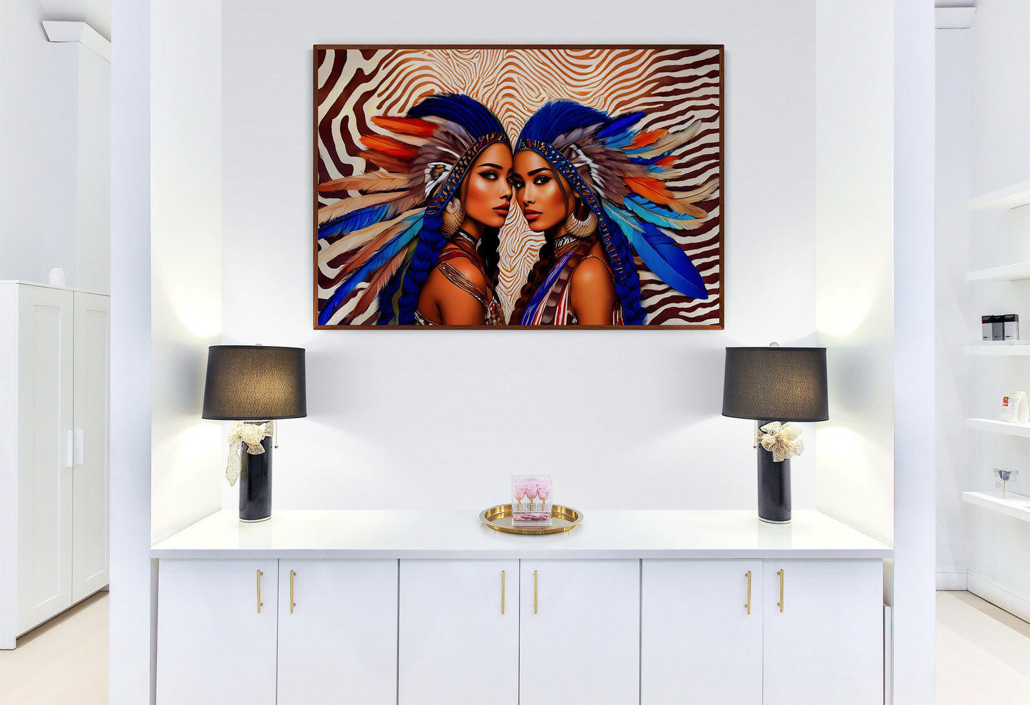 beautiful native american women in feather headdress framed canvas wall art, framed wall art for living room, american indian, southwestern