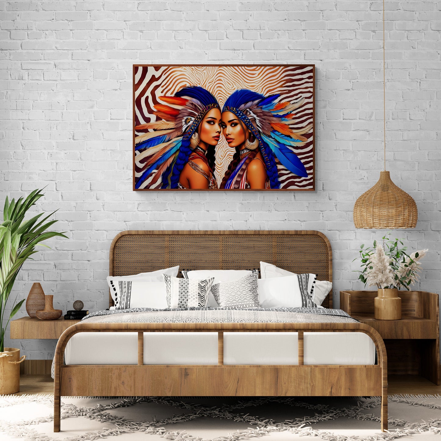 beautiful native american women in feather headdress framed canvas wall art, framed wall art for living room, american indian, southwestern