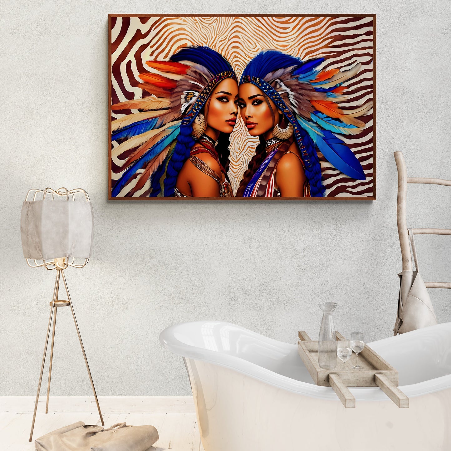 beautiful native american women in feather headdress framed canvas wall art, framed wall art for living room, american indian, southwestern