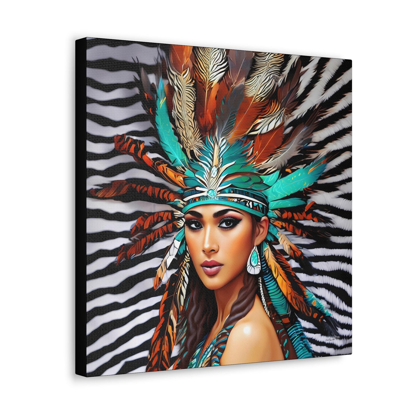 beautiful native american woman with feather headdress canvas wall art, animal print art, southwestern art, portrait wall art, feminine art