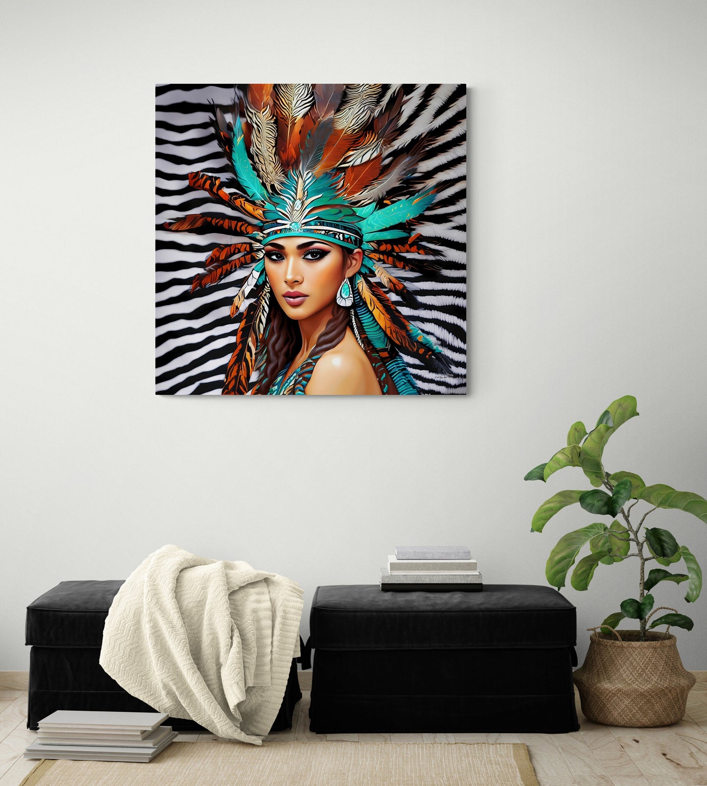 beautiful native american woman with feather headdress canvas wall art, animal print art, southwestern art, portrait wall art, feminine art