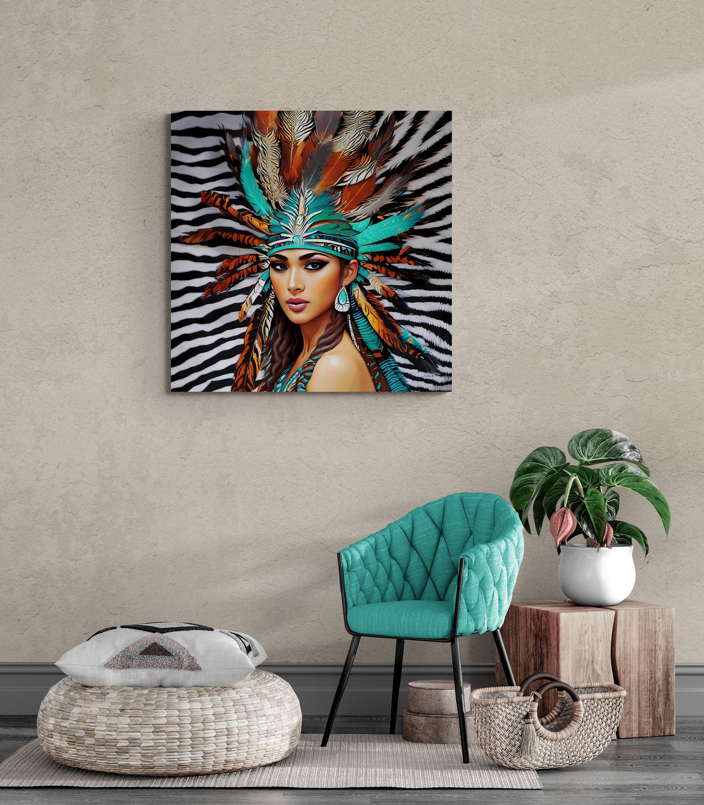 beautiful native american woman with feather headdress canvas wall art, animal print art, southwestern art, portrait wall art, feminine art