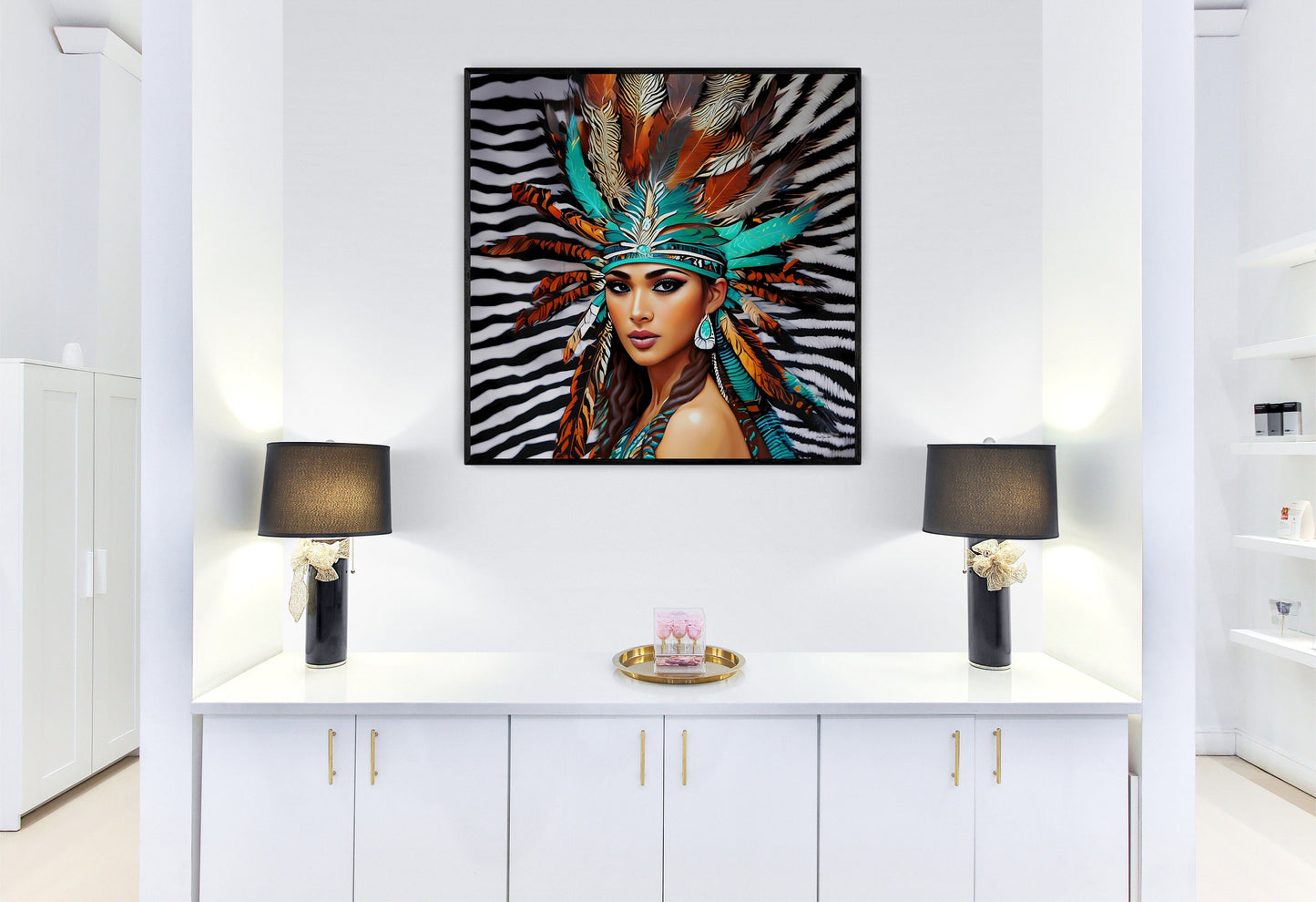 beautiful native american woman framed canvas wall art, framed living room wall art, framed southwestern wall art, american indian wall art