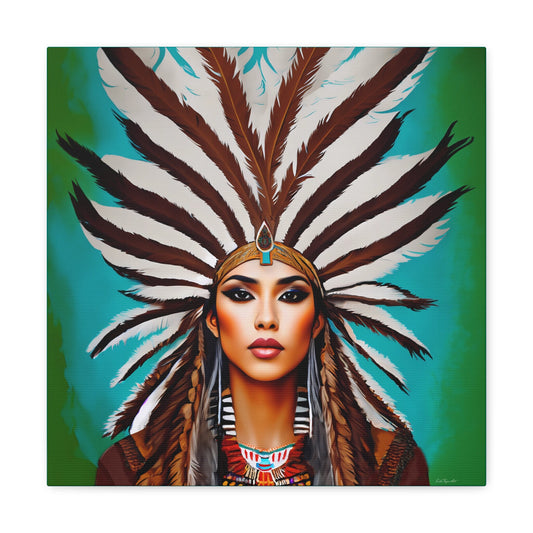 beautiful native american woman in a feather headdress canvas wall art, southwestern art, american indian art, portrait art, boho wall art